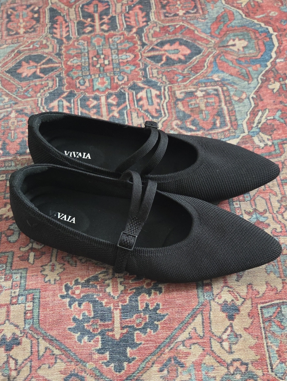 Vivaia Black Pointed Knit Mary Jane Flats